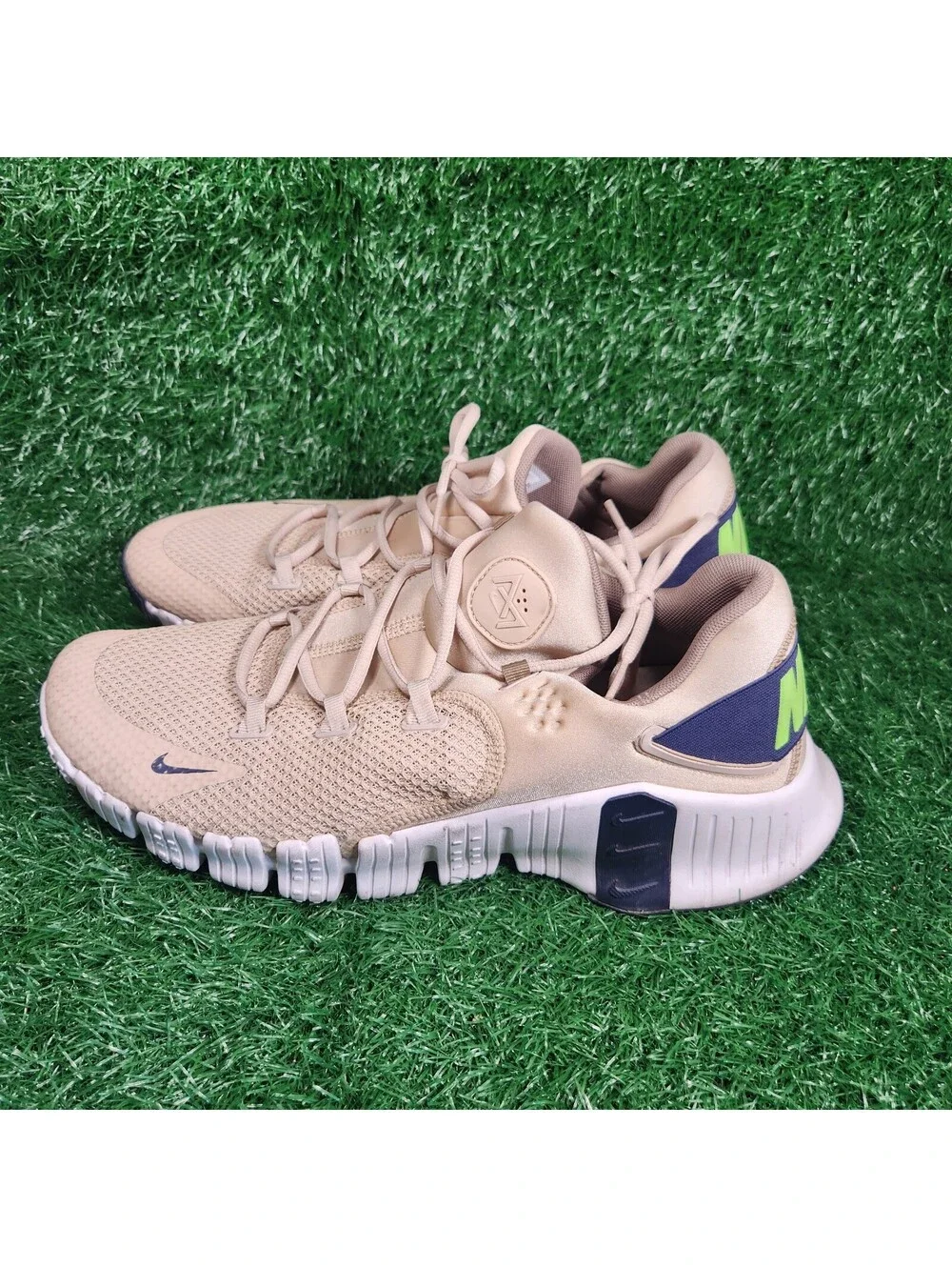 Nike Men's Athletic Sneakers Beige with Navy and Neon Green Accents